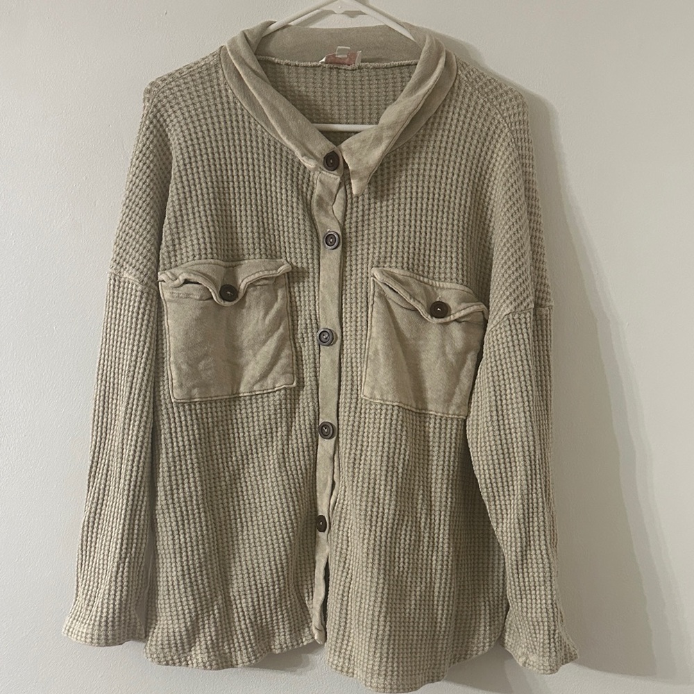 Shop the cue women Textured Waffle-Knit Button Pocket in Light Beige